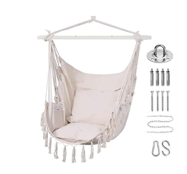 Goutime Hammock Chair,Hanging Rope Ceiling Swing with 2 Cushions, Macrame Boho H